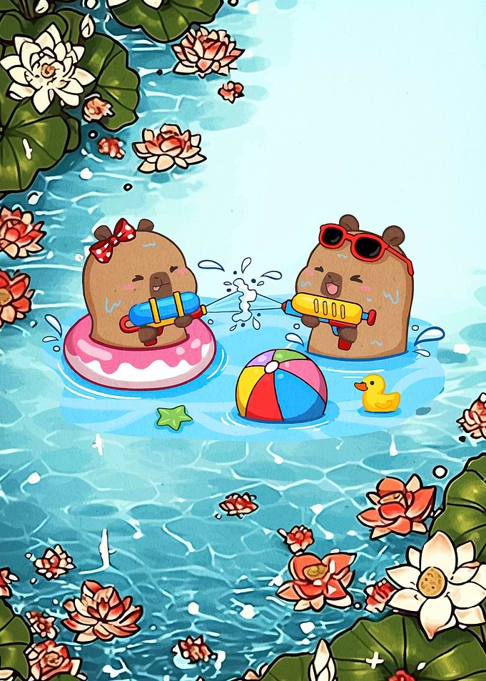 Cute Capybaras Having Water Gun Fight