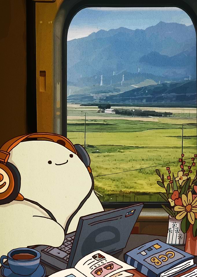 Cute Blob Character Studying on Train