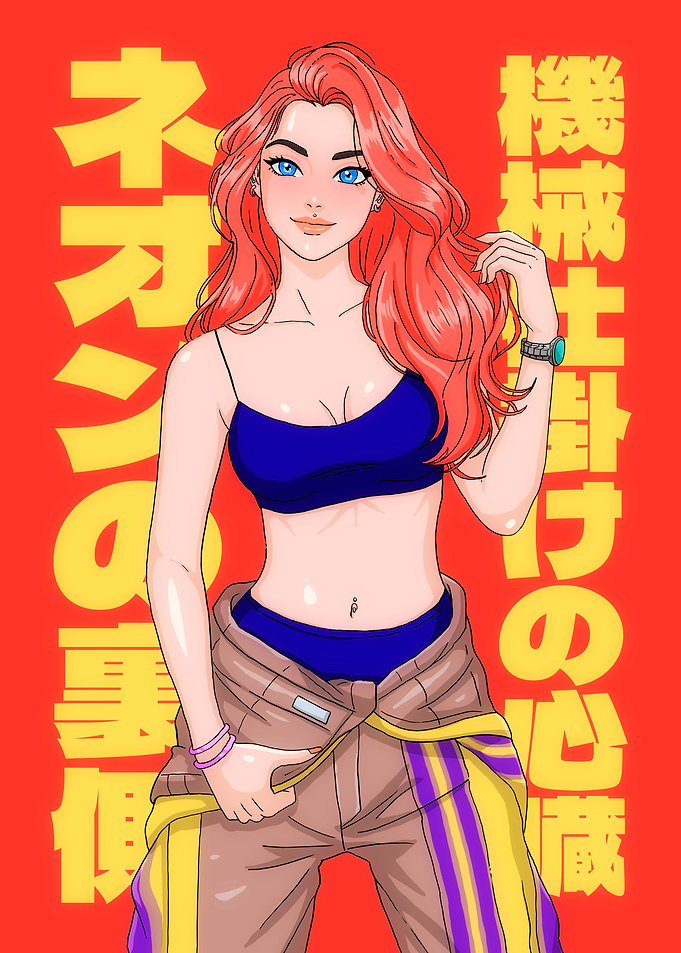 Cyberpunk Anime Style Girl with Red Hair
