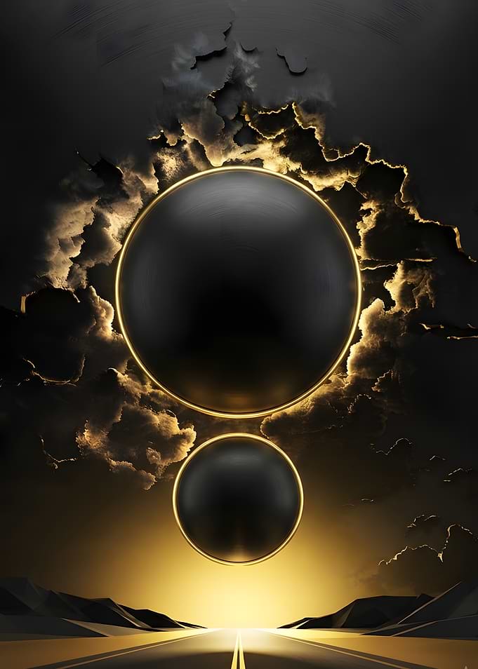 Abstract Black Spheres and Golden Light