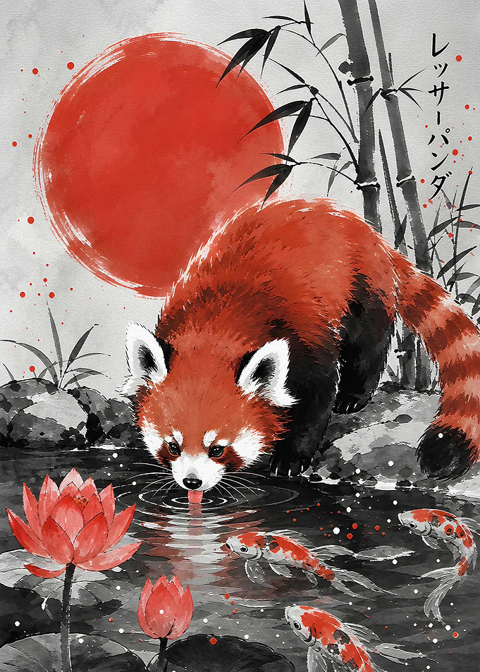 Red Panda Drinking by Koi Pond