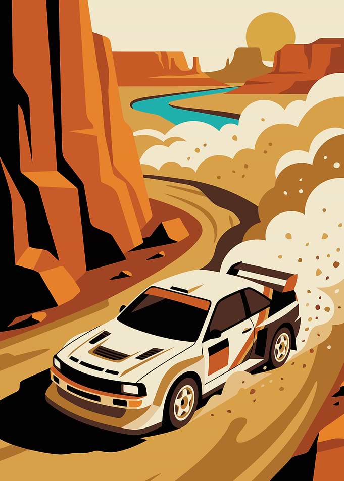 Rally Car Racing Through Desert Canyon