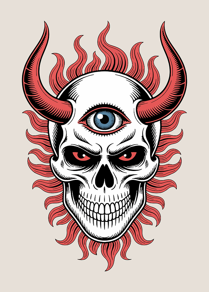 Three-Eyed Horned Skull Illustration