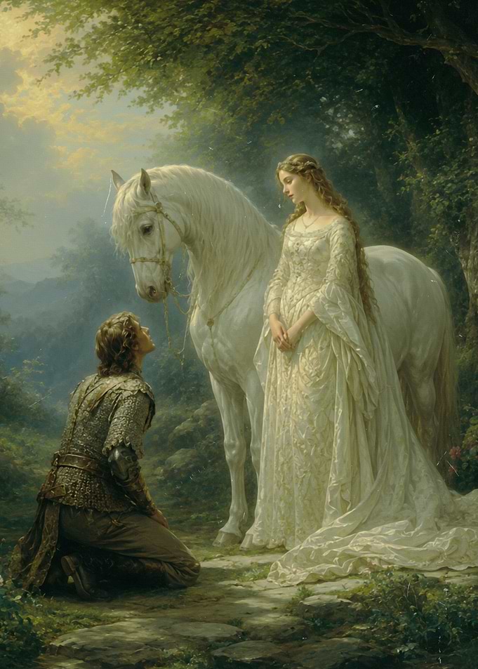 Knight Kneeling Before a Fair Maiden | Medieval Fantasy Romance Wall Art
