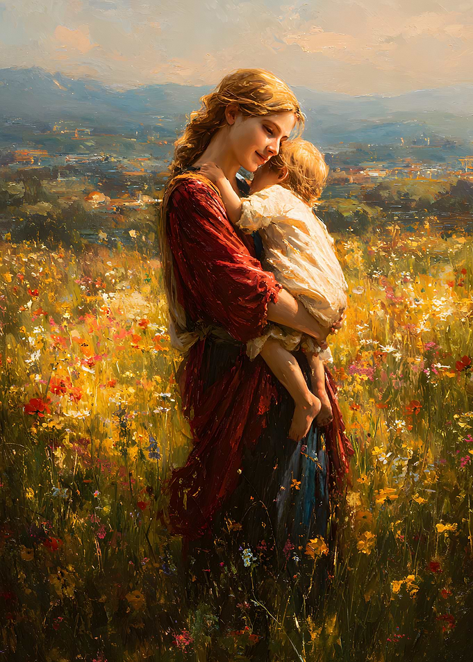 Mother Holding Child in Wildflower Meadow