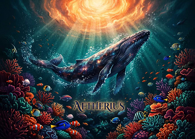 Cosmic Whale in Vibrant Coral Reef