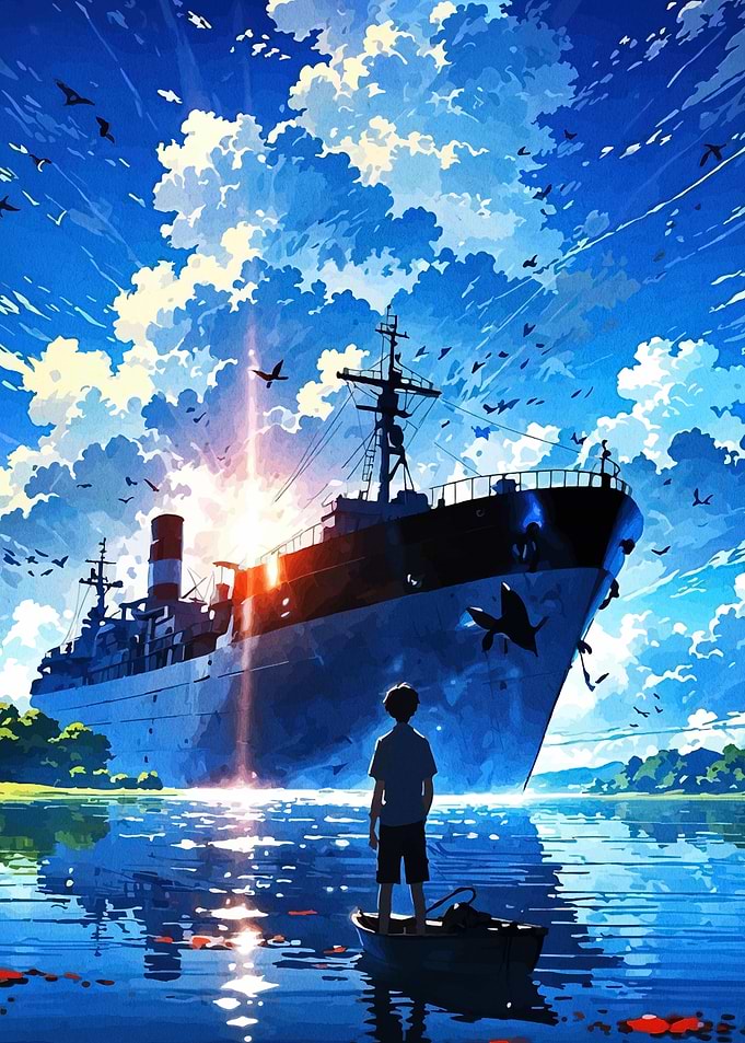 Boy in Boat Facing Large Ship