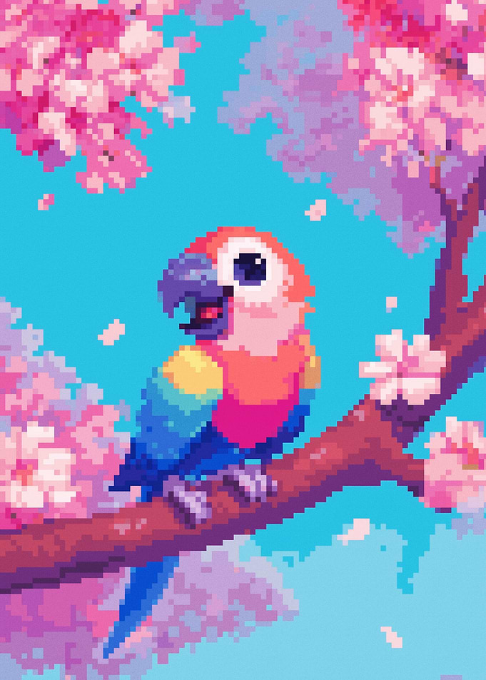 Pixel Art Parrot in Cherry Blossoms