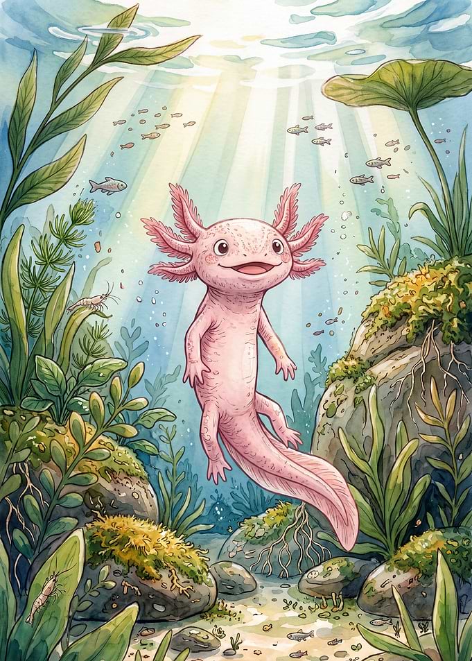 Cute Watercolor Axolotl Underwater Scene