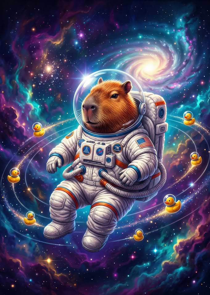 Astronaut Capybara in Space with Ducks