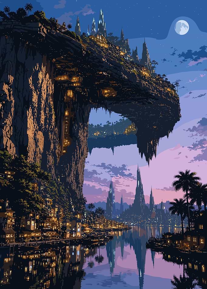 Fantasy Cliffside City at Twilight