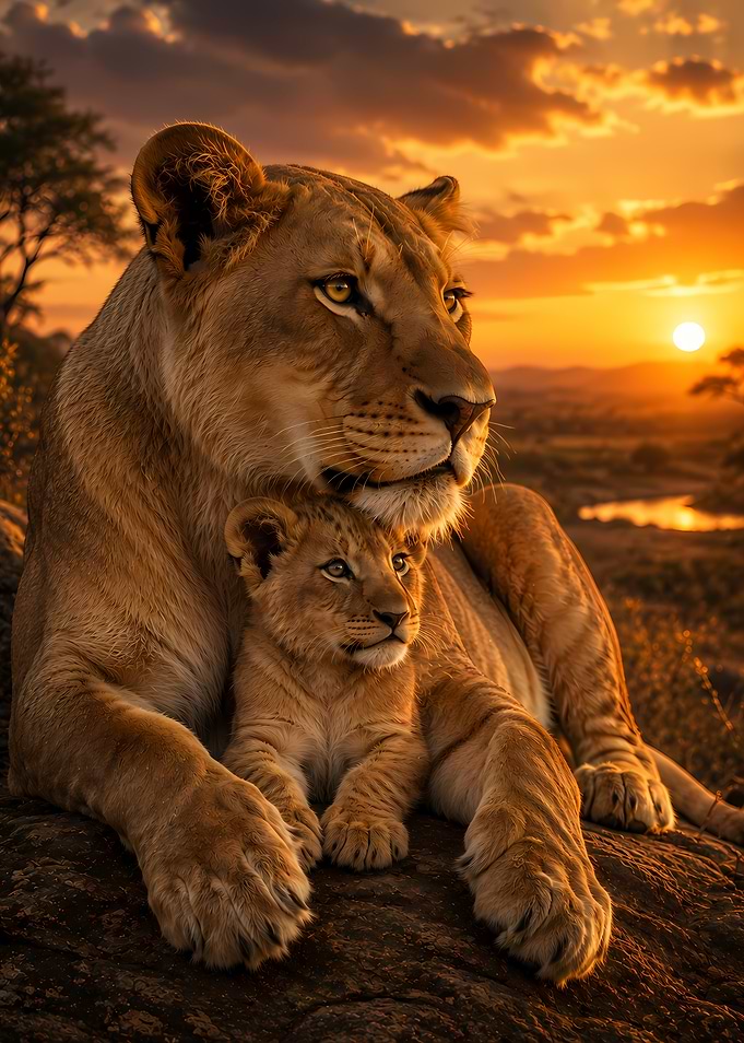 Lioness and Cub at Sunset