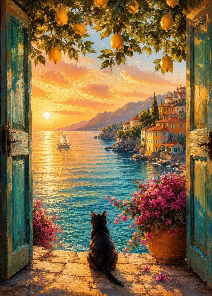 Cat Watching Sunset Over Mediterranean Coast