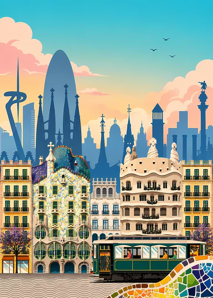Barcelona Cityscape Travel Poster