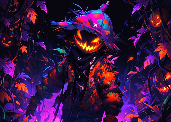Neon Pumpkin Scarecrow Halloween Character