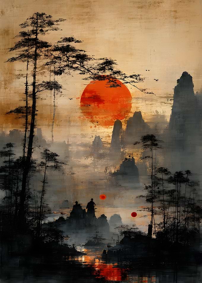 Ethereal Japanese Landscape with Red Sun