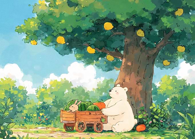 Cute Bear and Rabbit Harvesting Fruit
