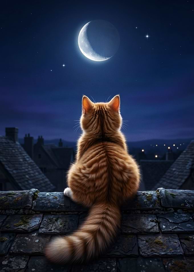Ginger Cat Watching the Moon