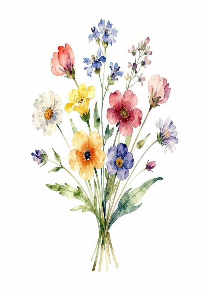 Elegant Botanical Watercolor Bouquet Isolated on White Background