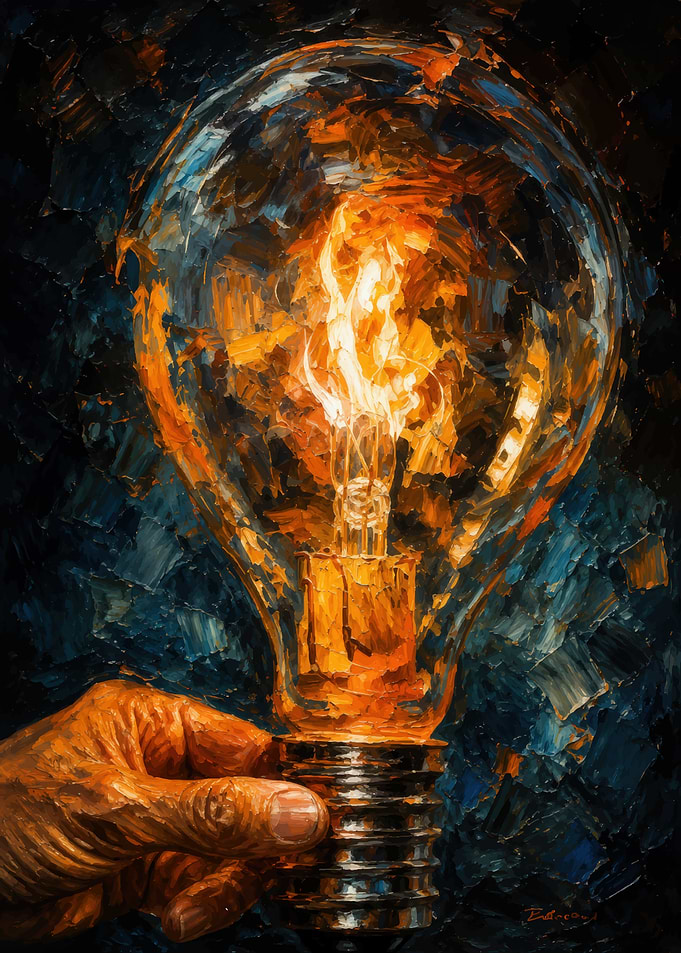 Hand Holding Glowing Lightbulb Painting