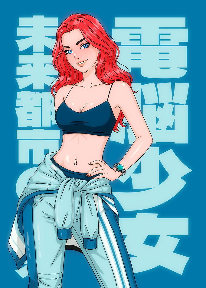Cyberpunk Anime Girl Waifu with Red Hair