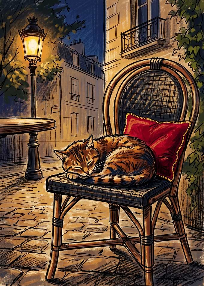 Sleeping Tabby Cat on Cafe Chair