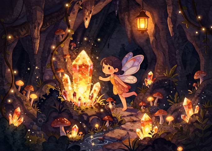 Fairy Discovering Glowing Crystal Cave