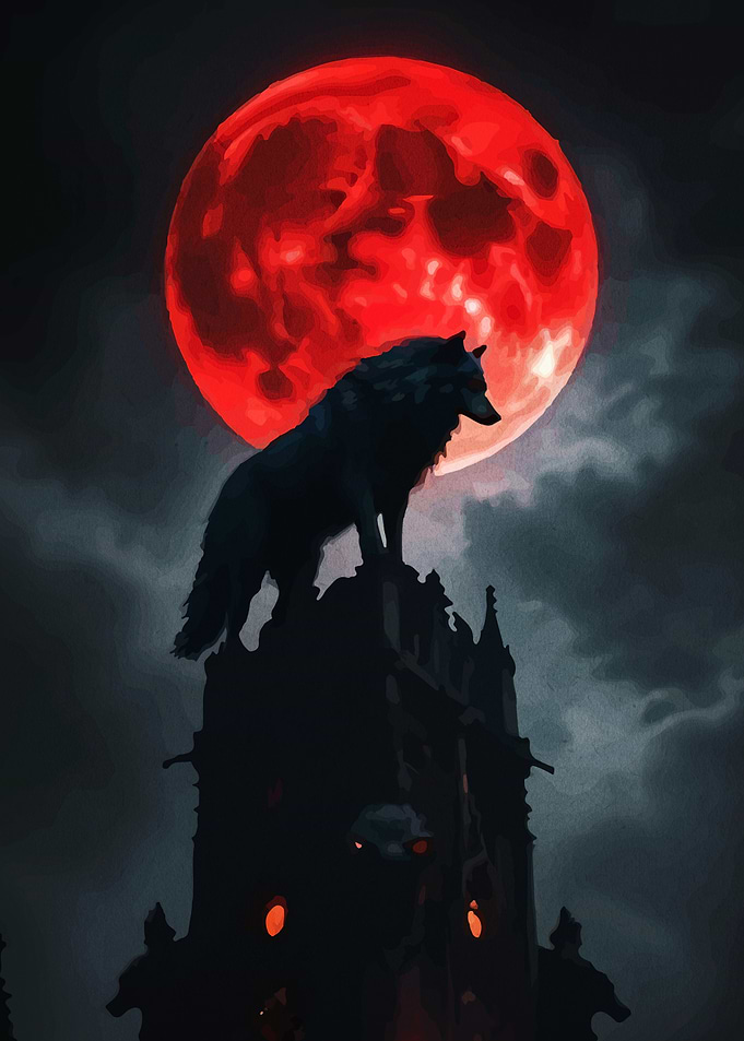 Wolf Standing on Tower Under Blood Moon