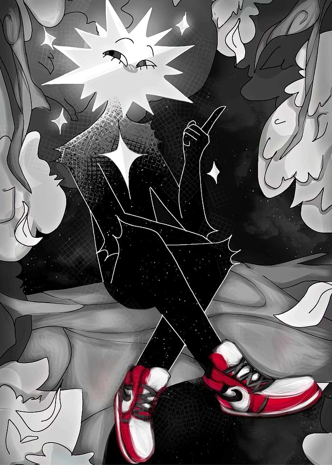 Star-Headed Character in Red Sneakers