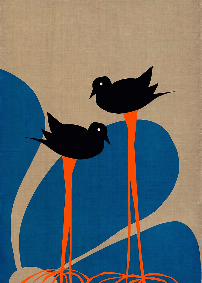 Minimalist Illustration of Two Long-Legged Birds