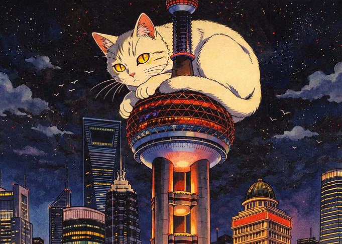 Giant Cat Perched on Oriental Pearl Tower