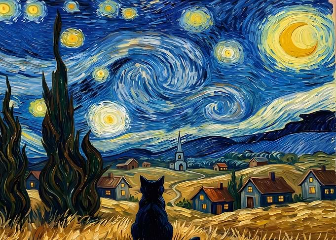 Black Cat Watching Starry Night