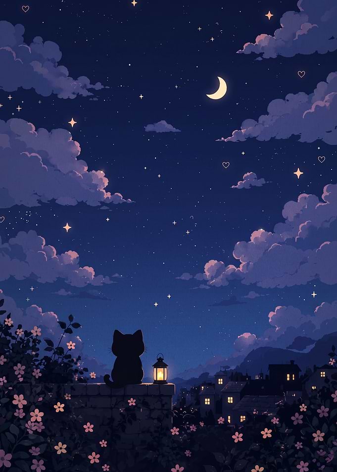 Black Cat Watching Night Sky