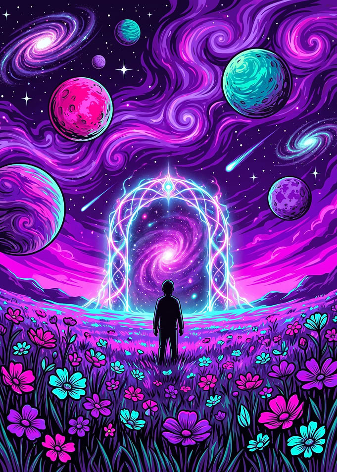 Cosmic Portal in Neon Flower Field