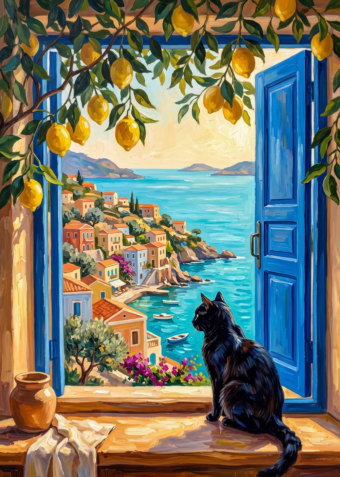 Black Cat Looking at Mediterranean Coast