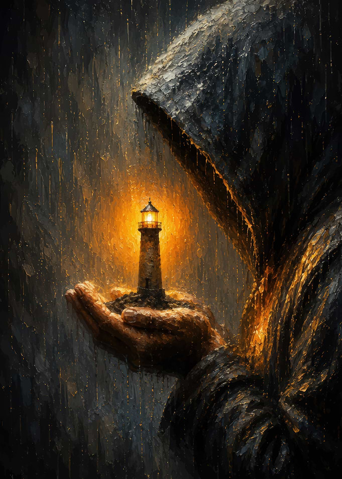 Lighthouse Held in Hooded Hands
