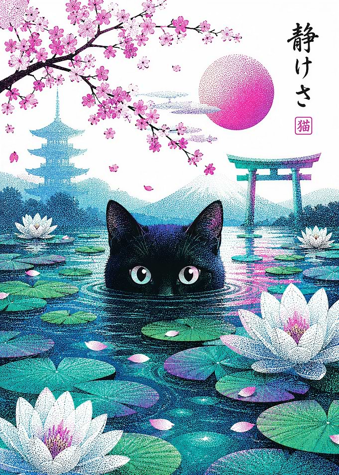 Sakura Neko Pool - Black Cat in Japanese Lotus Pond