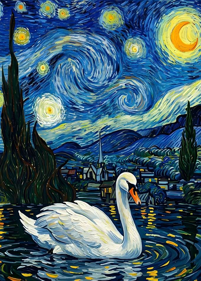 Swan in Starry Night Style