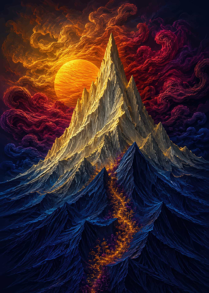 Surreal Mountain Peak Under Fiery Sky