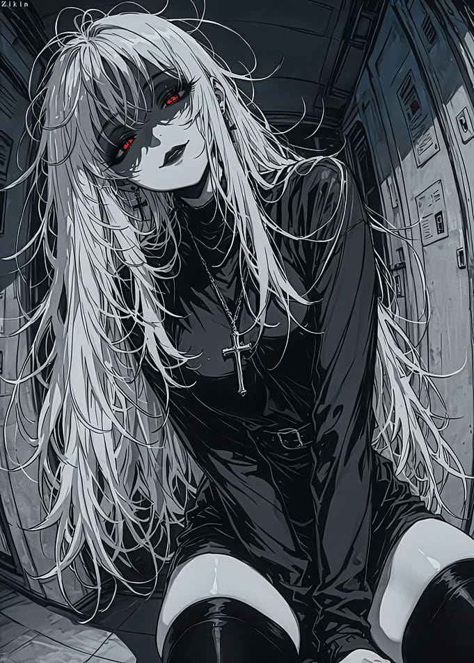 Gothic Anime Girl with Red Eyes