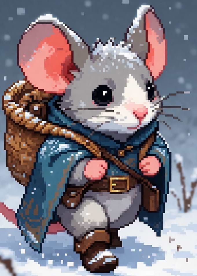 Pixel Art Mouse Adventurer in Snow