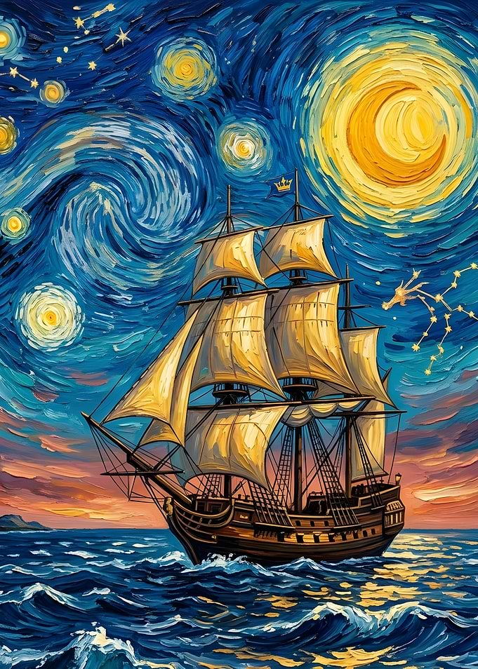 Sailing Ship Under Starry Night Sky