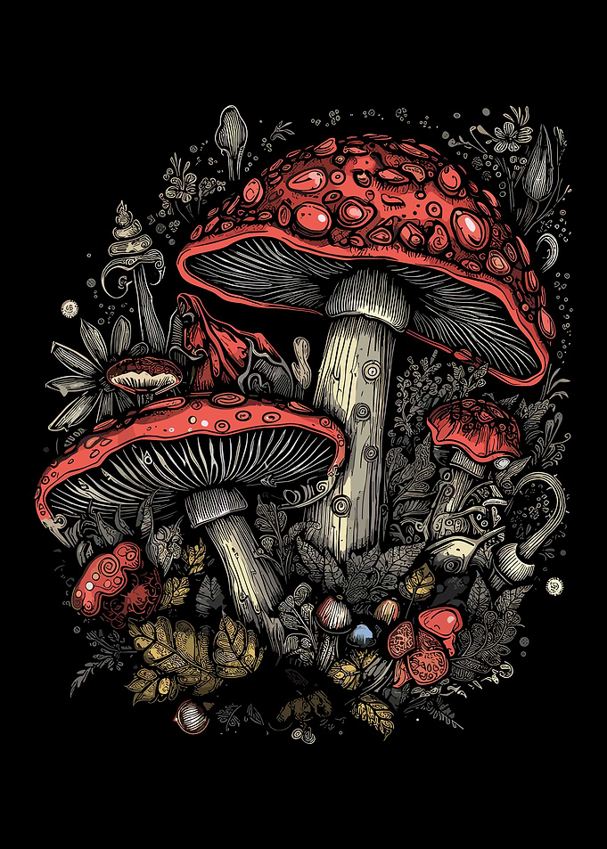 Vintage Red Mushroom Forest Illustration Wall Art Nature Botanical Poster
