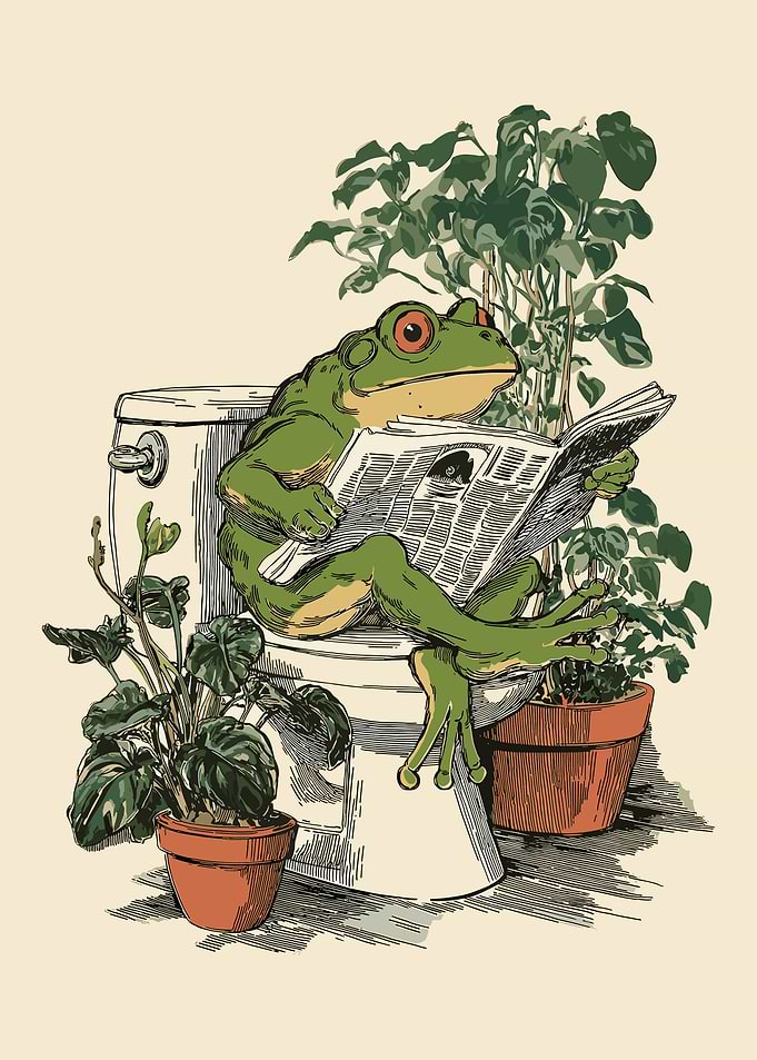 Vintage Frog Reading Newspaper Wall Art Poster | Whimsical Bathroom Animal Illustration