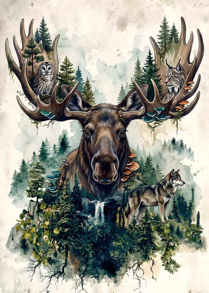 Double Exposure Moose Forest Wildlife Art