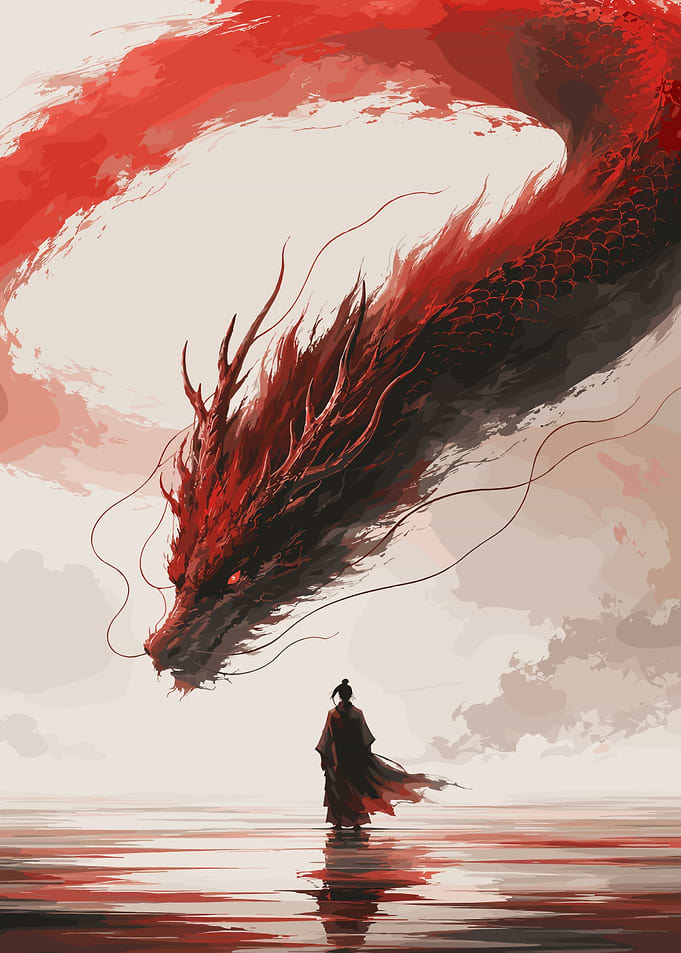 Samurai Facing Red Japanese Dragon