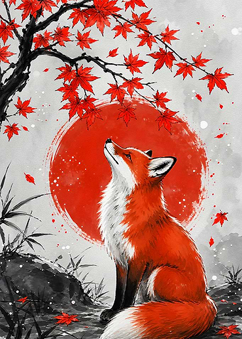 Fox Under Red Maple Tree