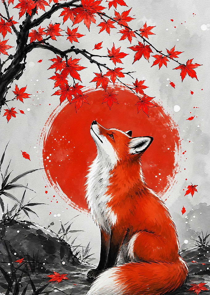 Fox Under Red Maple Tree