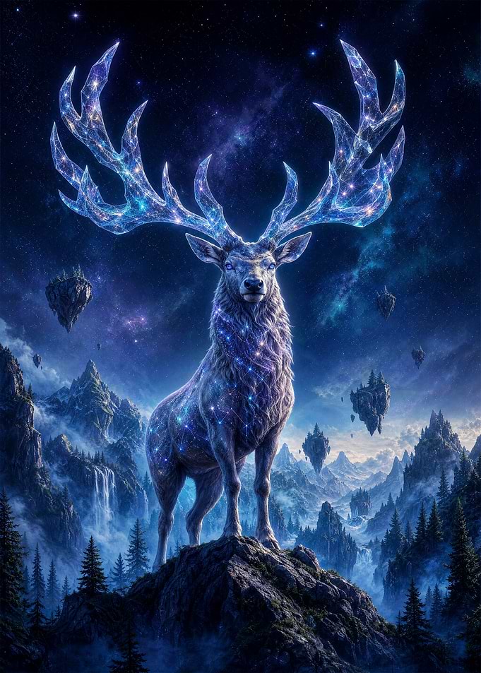 Celestial Cosmic Stag in Fantasy Landscape