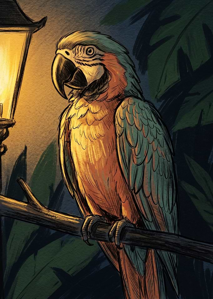 Macaw Parrot Perched by Lantern Light